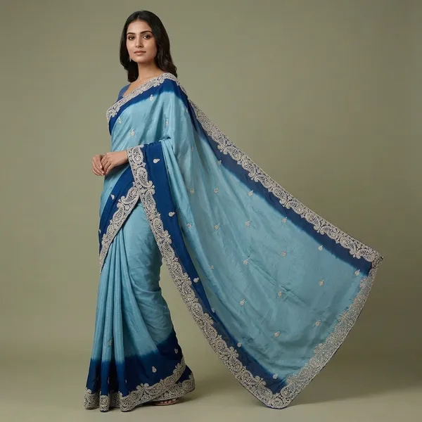 Light_Blue_And_Dark_Blue_Chinon_Zari_Work_With_Diamonds_Saree_For_Women