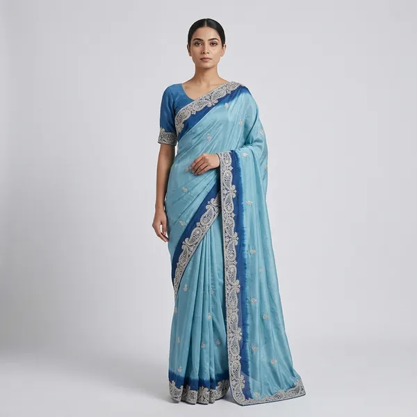 Light_Blue_And_Dark_Blue_Chinon_Zari_Work_With_Diamonds_Saree_For_Women
