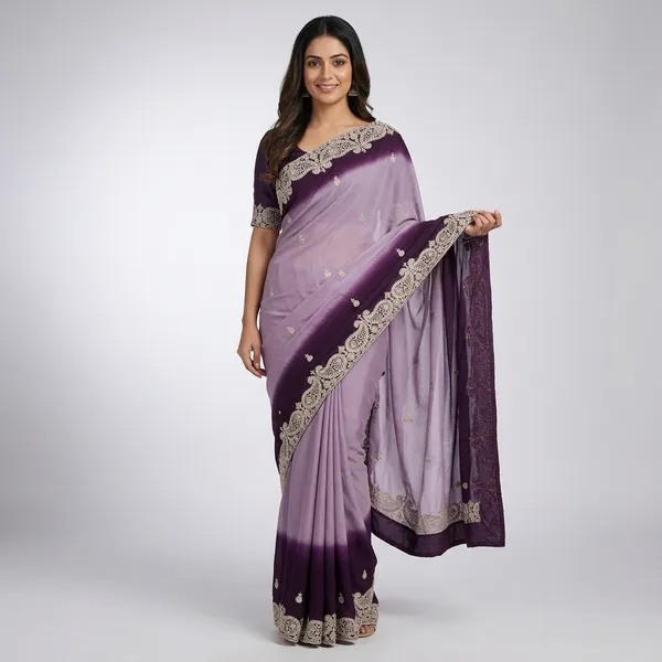Light_Lavender_And_Plum_Purple_Chinon_Zari_Work_With_Diamonds_Saree_For_Women