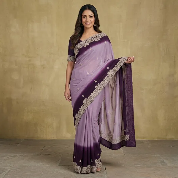 Light_Lavender_And_Plum_Purple_Chinon_Zari_Work_With_Diamonds_Saree_For_Women