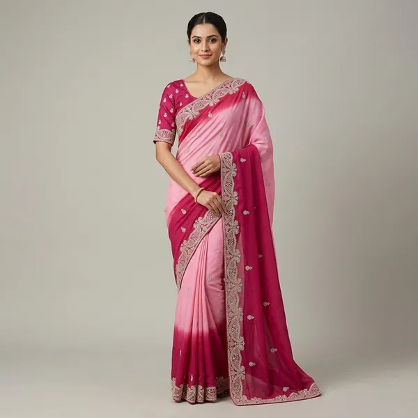 Pink_And_Red_Chinon_Zari_Work_With_Diamonds_Saree_For_Women