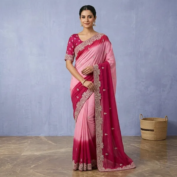 Pink_And_Red_Chinon_Zari_Work_With_Diamonds_Saree_For_Women