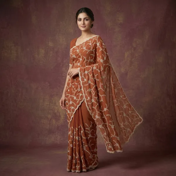 Brown_Georgette_Zari_Work_Saree_For_Women