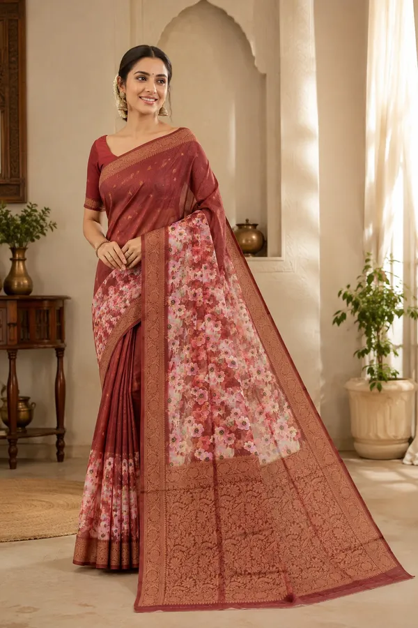 Brick_Red_Cotton_Weave_Saree_For_Women