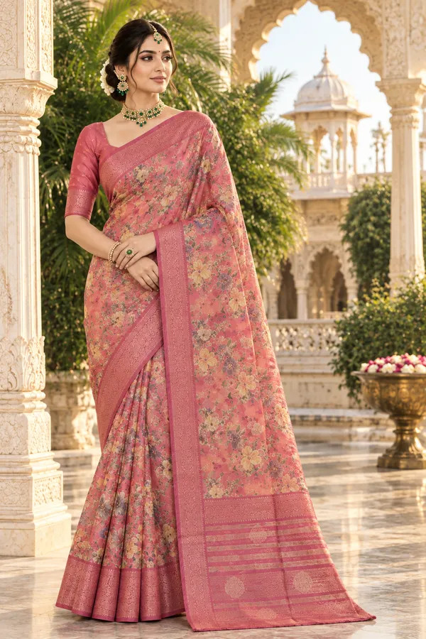 Peach_Pink_Cotton_Weave_Saree_For_Women