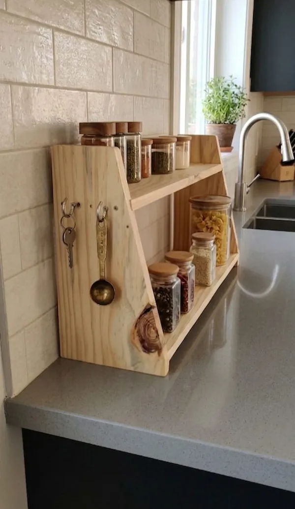 2-Tier_Wooden_Kitchen_Countertop_Rack/Organizer_|_Wooden_Spice_Rack_Holder_&_Pantry_Jar_Storage_with_Side_Hooks