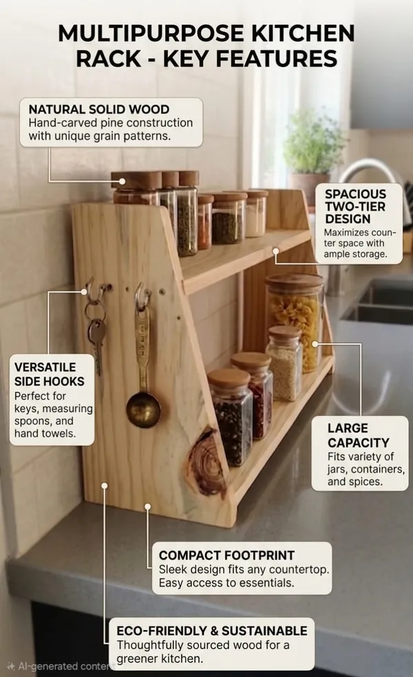 2-Tier_Wooden_Kitchen_Countertop_Rack/Organizer_|_Wooden_Spice_Rack_Holder_&_Pantry_Jar_Storage_with_Side_Hooks