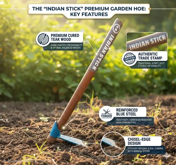 INDIAN_STICK_Ergonomic_Mini_Garden_Hoe_and_Cultivator,_Heavy_Duty_Steel_Blade_with_Durable_Wooden_Handle_for_Planting_and_Weeding