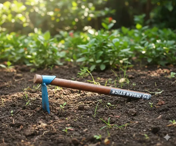 INDIAN_STICK_Ergonomic_Mini_Garden_Hoe_and_Cultivator,_Heavy_Duty_Steel_Blade_with_Durable_Wooden_Handle_for_Planting_and_Weeding