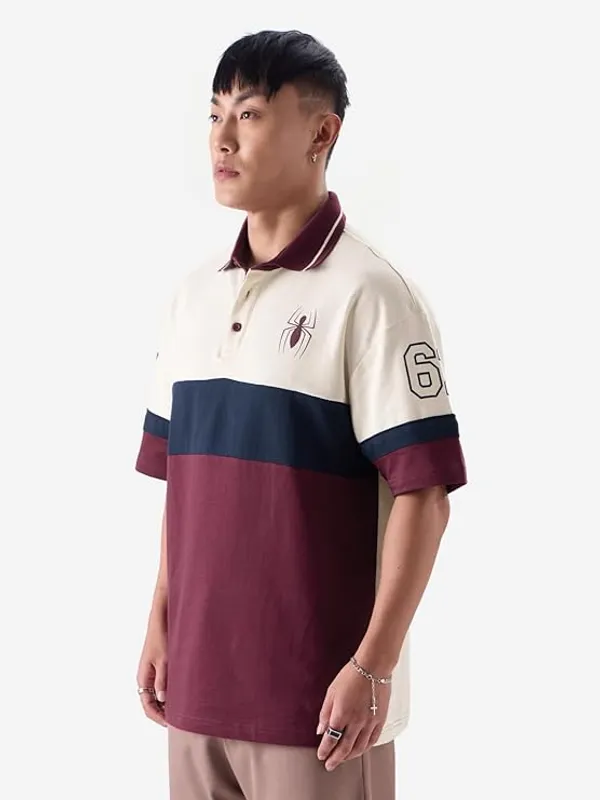 Off_White_And_Maroon_Cotton_Oversized_Polo_T-Shirt_For_Men