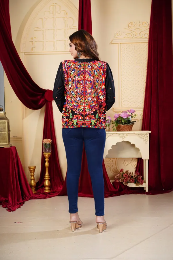 Black_Rayon_Boho_Mirror_Work_Front_Zipper_Top_For_Women