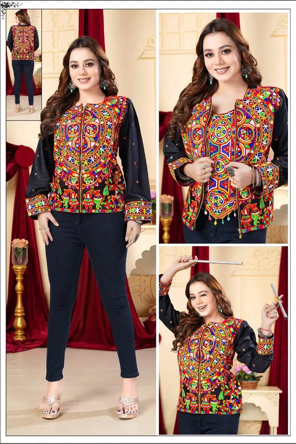 Black_Rayon_Boho_Mirror_Work_Front_Zipper_Top_For_Women