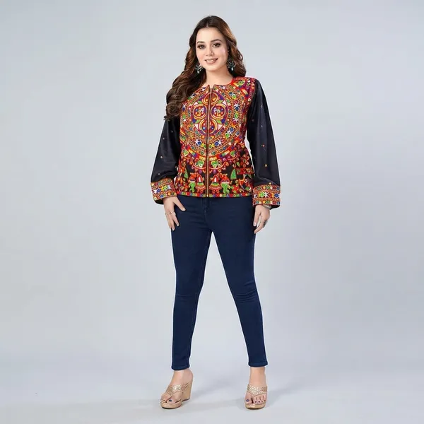 Black_Rayon_Boho_Mirror_Work_Front_Zipper_Top_For_Women