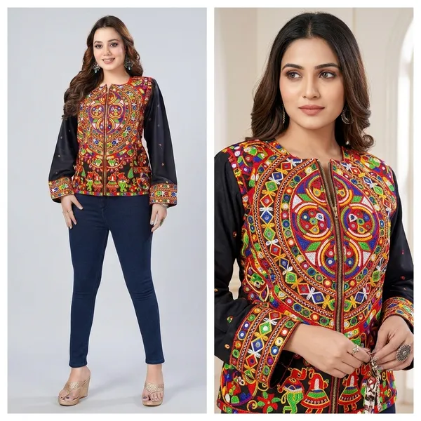 Black_Rayon_Boho_Mirror_Work_Front_Zipper_Top_For_Women