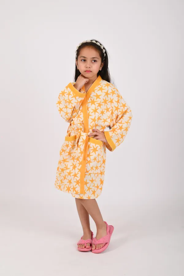 Orange_Waffle_Cotton_Block_Printed_Bathrobe_For_Kids