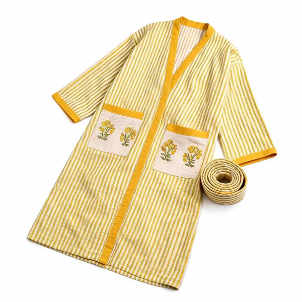 Yellow_Cotton_Waffle_Handblock_Printed_Bathrobe_For_Women
