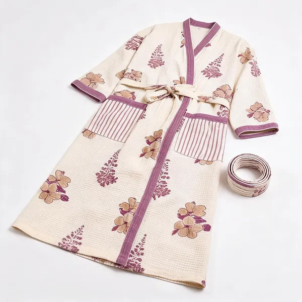 White_Cotton_Waffle_Handblock_Printed_Bathrobe_For_Women