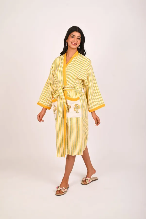 Yellow_Cotton_Waffle_Handblock_Printed_Bathrobe_For_Women