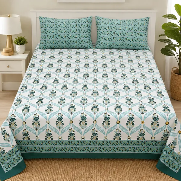 White_And_Turquoise_400_Tc_Premium_Percale_Cotton_Double_Bedsheet_And_2_Pillow_Covers_For_Bedroom