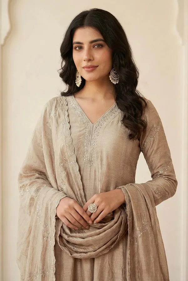 Beige_Vichitra_Silk_Embroidered_Kurta_Set_For_Women