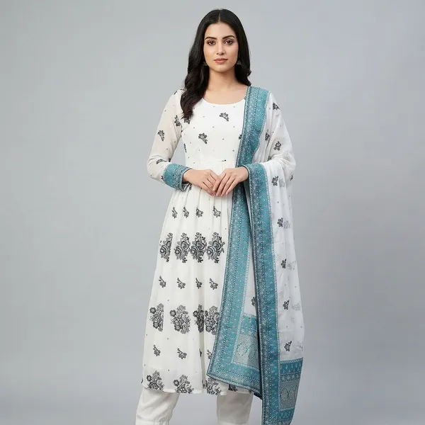 White_And_Turquoise_Georgette_Embellished_Lehenga_Choli_For_Women