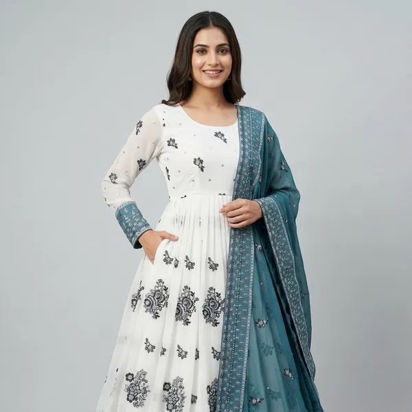 White_And_Turquoise_Georgette_Embellished_Lehenga_Choli_For_Women
