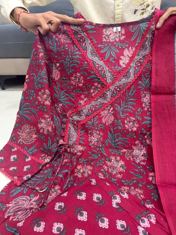 Maroon_Cotton_Floral_Print_Anarkali_Kurta_Set_For_Women