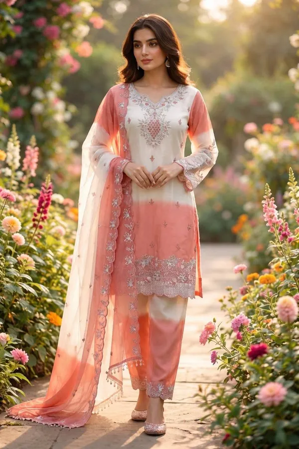 White_And_Peach_Ombre_Gim_Silk_Embroidered_Suit_Set_For_Women