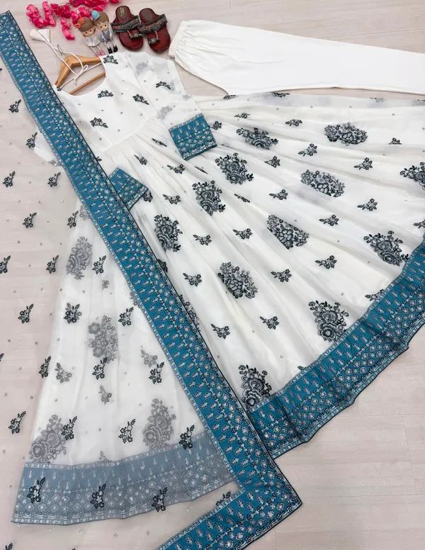 White_And_Turquoise_Georgette_Embellished_Lehenga_Choli_For_Women