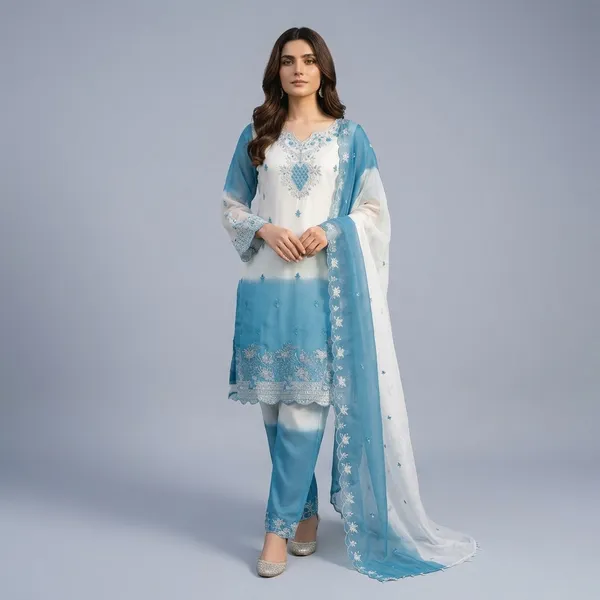 White_And_Blue_Gim_Silk_Embroidered_Suit_Set_For_Women