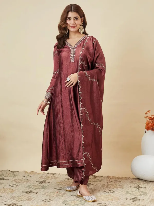 Maroon_Silk_Embroidered_Anarkali_Suit_Set_For_Women