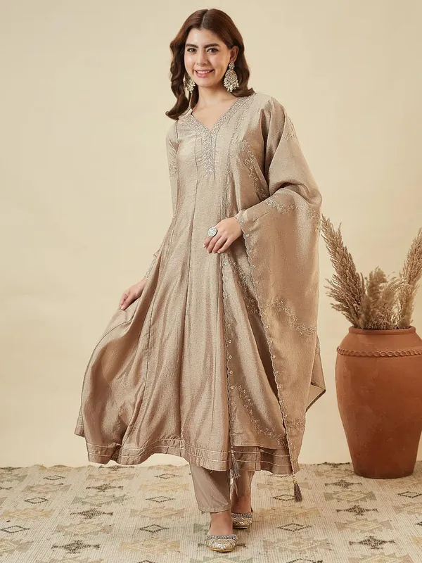 Beige_Vichitra_Silk_Embroidered_Kurta_Set_For_Women
