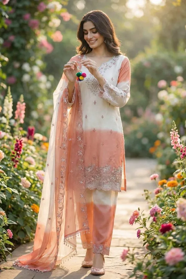 White_And_Peach_Ombre_Gim_Silk_Embroidered_Suit_Set_For_Women