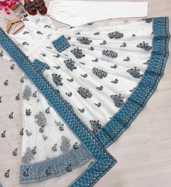 White_And_Turquoise_Georgette_Embellished_Lehenga_Choli_For_Women