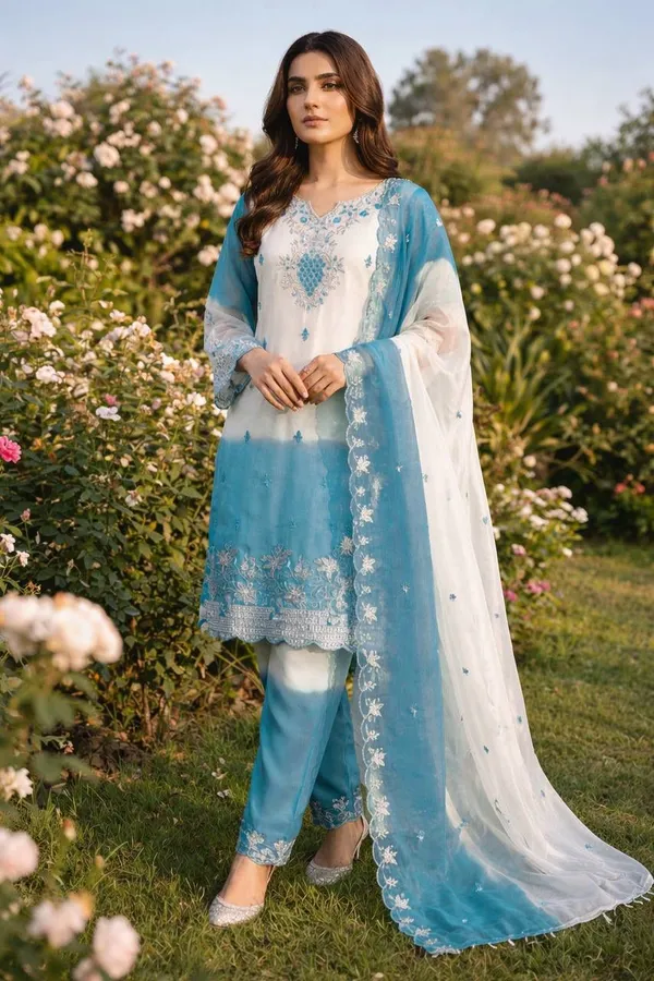 White_And_Blue_Gim_Silk_Embroidered_Suit_Set_For_Women