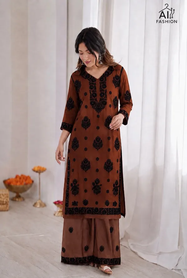 Brown_Floral_Printed_Kurta_Palazzo_Set
