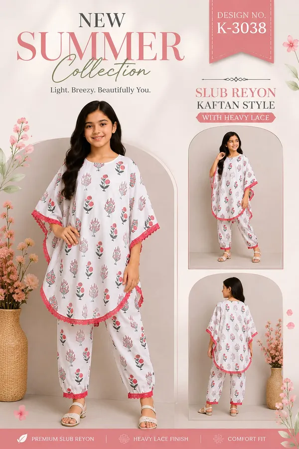 White_Floral_Print_Slub_Reyon_Kaftan_Style_Kurta_Set_for_Girls