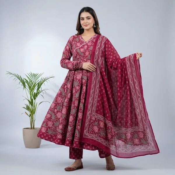 Maroon_Cotton_Floral_Print_Anarkali_Kurta_Set_For_Women