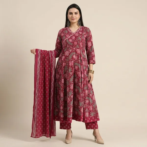 Maroon_Cotton_Floral_Print_Anarkali_Kurta_Set_For_Women