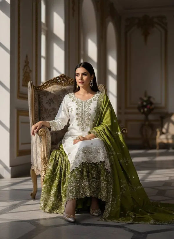 Designer_White_Pakistani_Lawn_Suit_with_Green_Dupatta