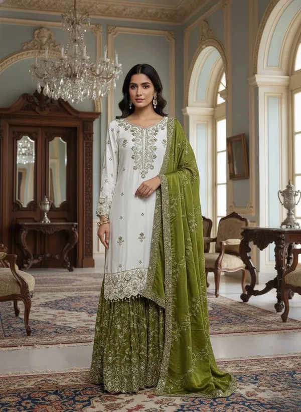 Designer_White_Pakistani_Lawn_Suit_with_Green_Dupatta