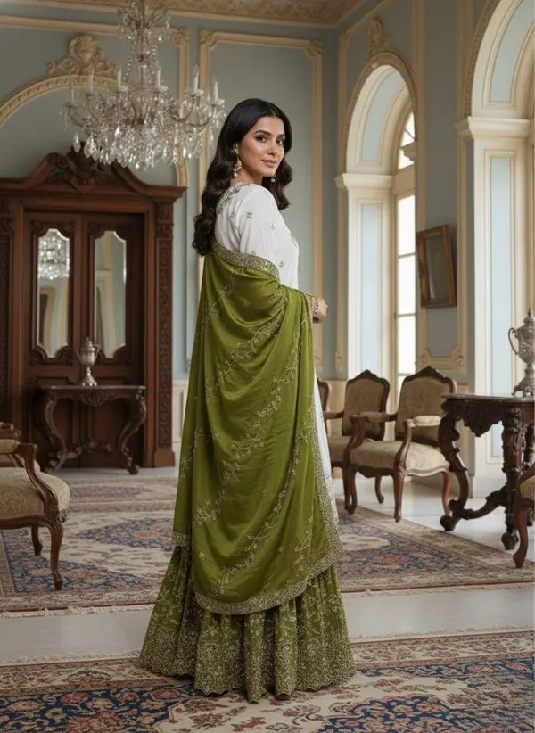 Designer_White_Pakistani_Lawn_Suit_with_Green_Dupatta