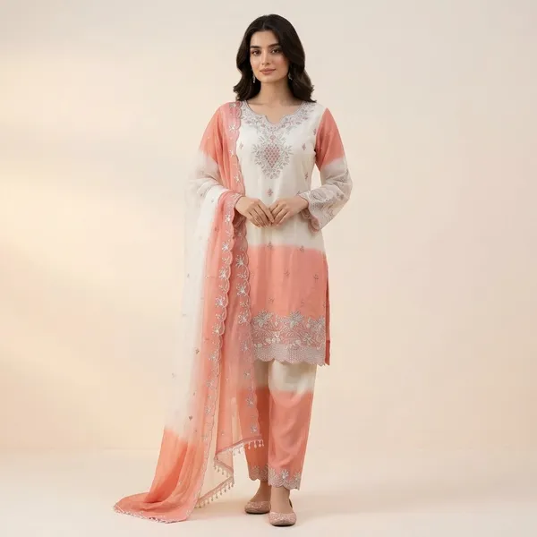 White_And_Peach_Ombre_Gim_Silk_Embroidered_Suit_Set_For_Women