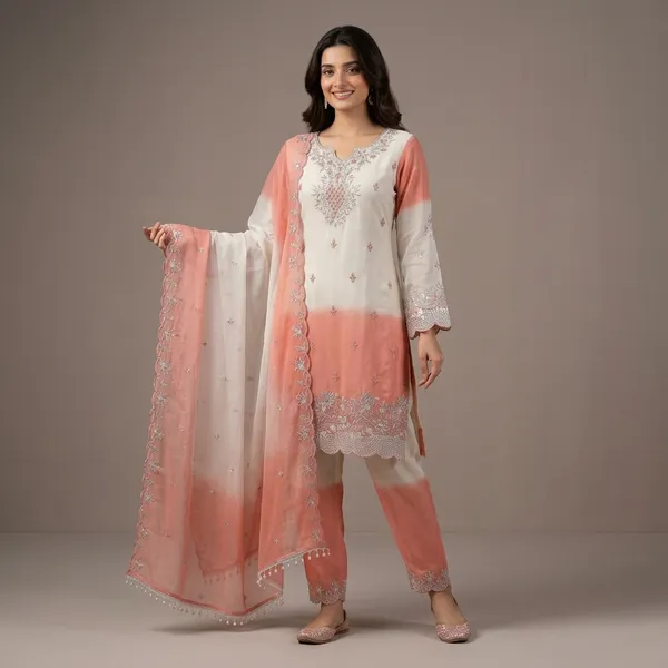 White_And_Peach_Ombre_Gim_Silk_Embroidered_Suit_Set_For_Women