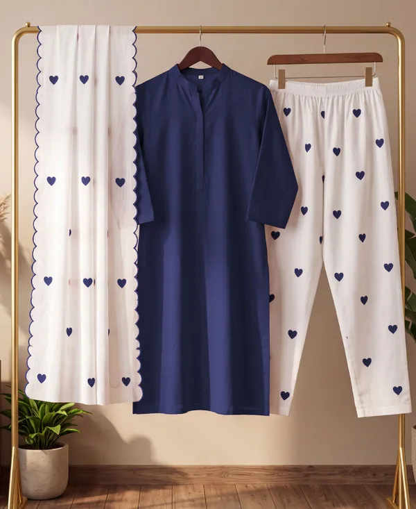 Elegant_Navy_Blue_Cotton_Kurta_Set_with_White_Heart_Print_Pants_&_Dupatta