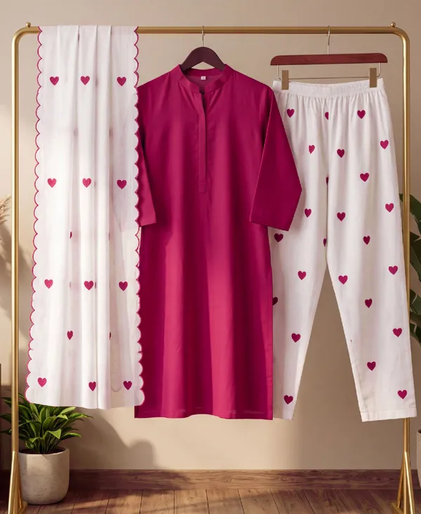 Elegant_Pink_Cotton_Kurta_Set_with_White_Heart_Print_Pants_&_Dupatta