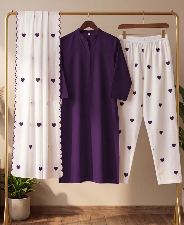 Elegant_Purple_Cotton_Kurta_Set_with_White_Heart_Print_Pants_&_Dupatta