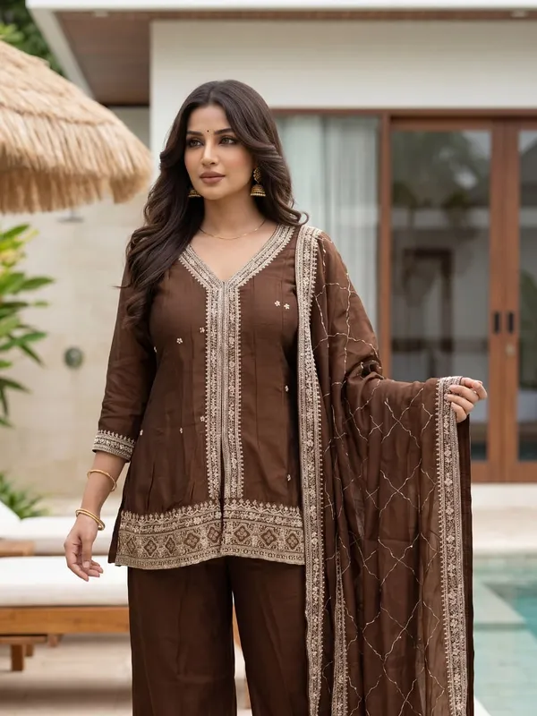 Brown_Vichitra_Silk_Embroidered_Ethnic_Suit_Set_For_Women
