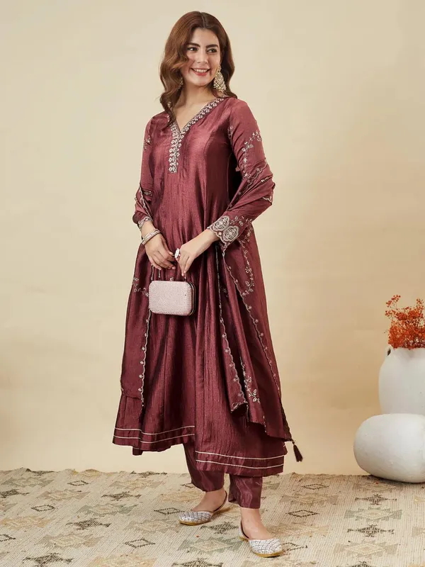 Maroon_Silk_Embroidered_Anarkali_Suit_Set_For_Women