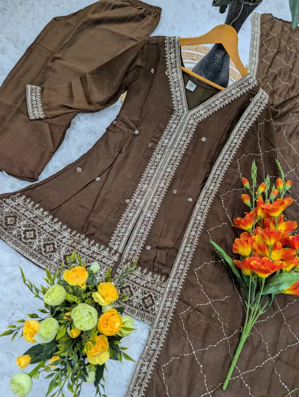 Brown_Vichitra_Silk_Embroidered_Ethnic_Suit_Set_For_Women